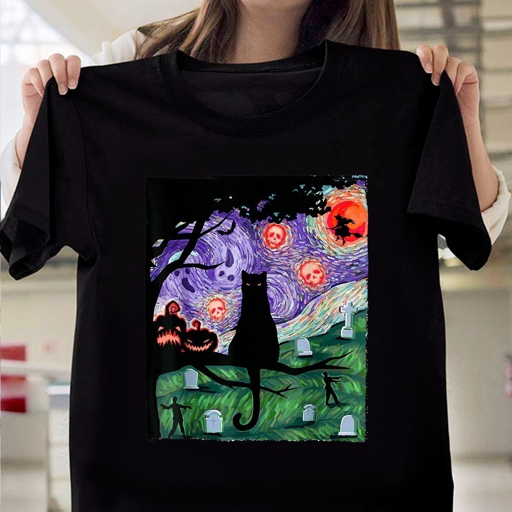 Pumpkin Witch Skeleton And Black Cat Starry Night Cat Halloween Costume Tshirt